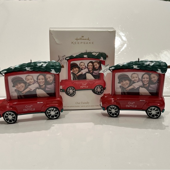 HALLMARK Keepsake Ornament 2011 Our Family Photo Holder Tree On Red Car Lot Of 2 - Picture 1 of 14